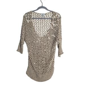 Women's Small Demanding Open Crochet Knit Shirt Boho Festival Lightweight Brown